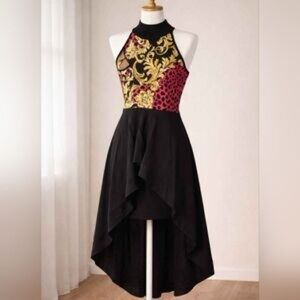 New York & Company Black High-Low Halter top with Gold and Burgundy Accents
